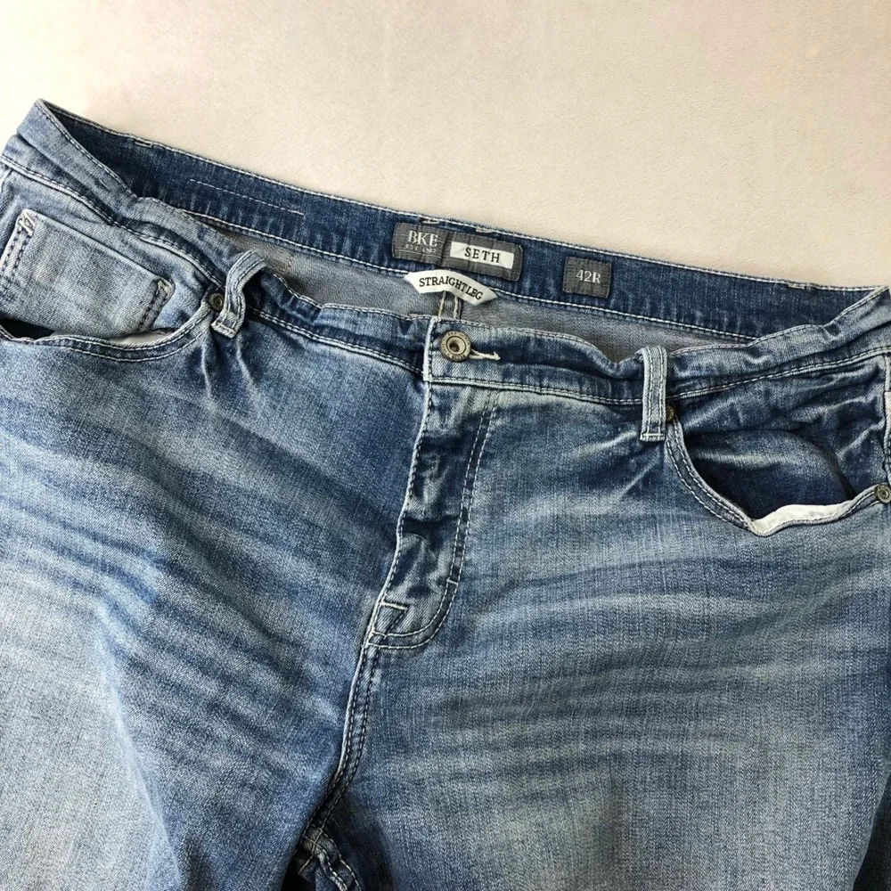 BKE Jeans Mens 42x32 42R Seth Blue Straight Leg Stretch Medium Wash Whiskering